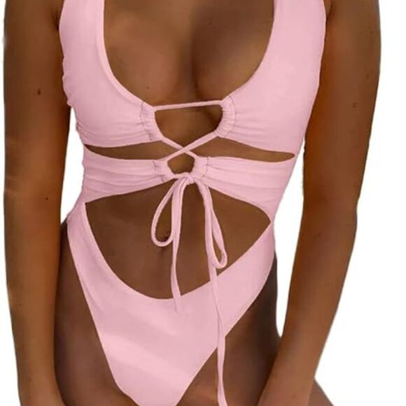 Chyrii Sexy Cutout Lace Up Backless High Cut One Piece Swimsuit Pink Womens M - Picture 1 of 13